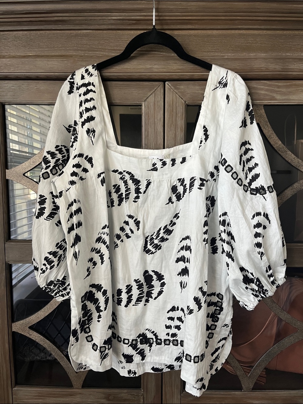 Anthropologie White Blouse with Black Abstract Motif